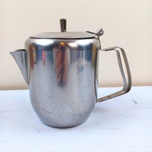 Vintage Stainless Steel Teapot With Hinged Lid & Handle Mid-Century Modern Desig